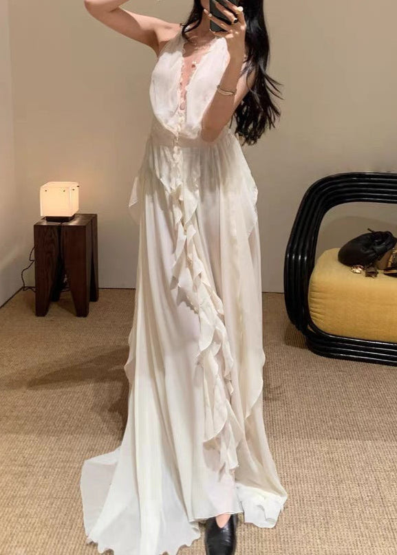 Cyvrix Floral Ruffle Halter Maxi Dress In White