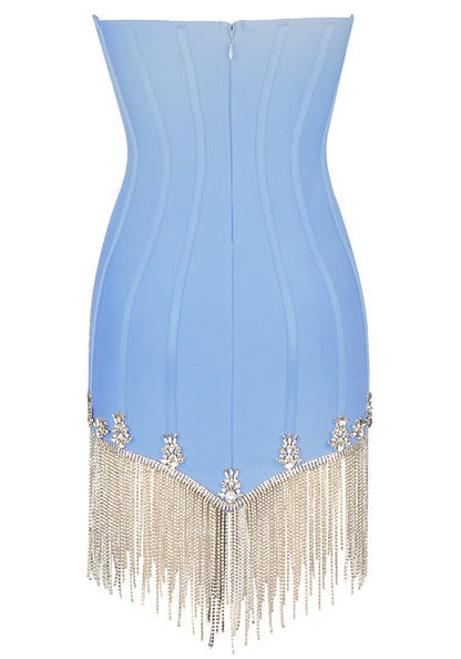 Balius Strapless Crystal Tassel Dress In Light Blue