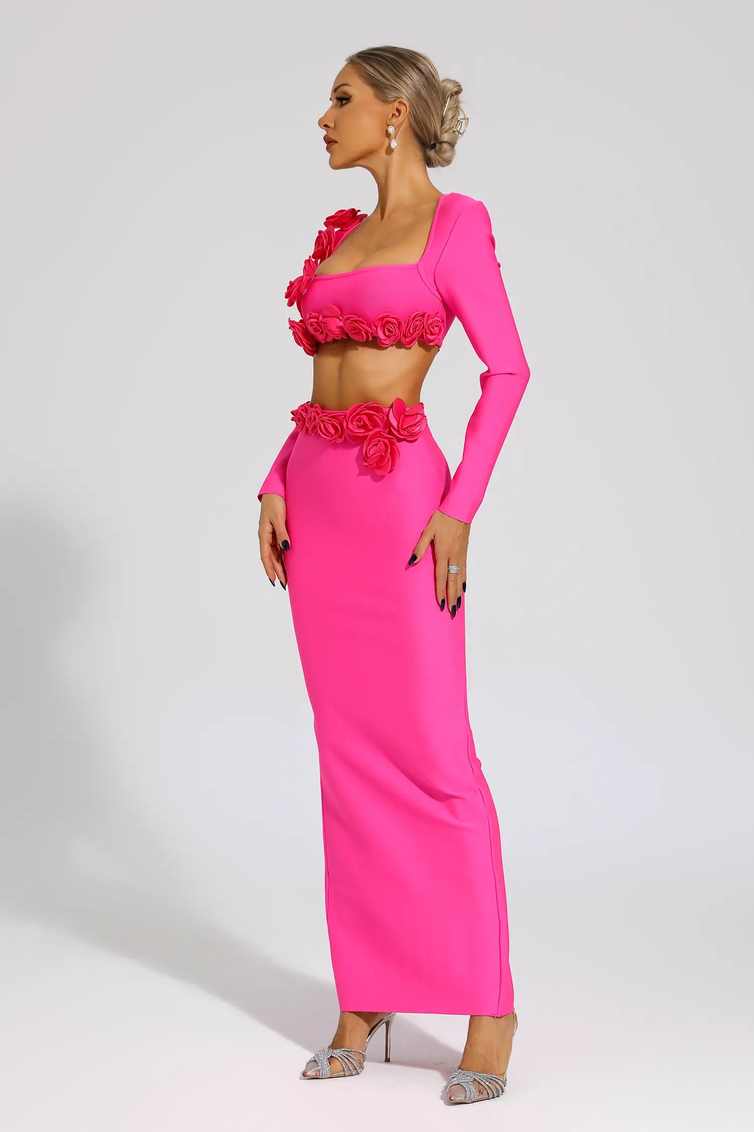 Dellis Flower Bandage Skirt Set In Rose Red