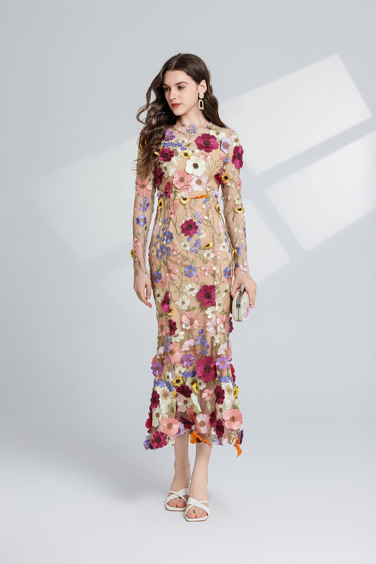 Thalvix Floral Embroidery Mesh Long Sleeve Midi Dress In Apricot