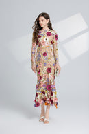 Thalvix Floral Embroidery Mesh Long Sleeve Midi Dress In Apricot