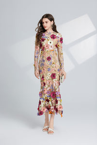 Thalvix Floral Embroidery Mesh Long Sleeve Midi Dress In Apricot