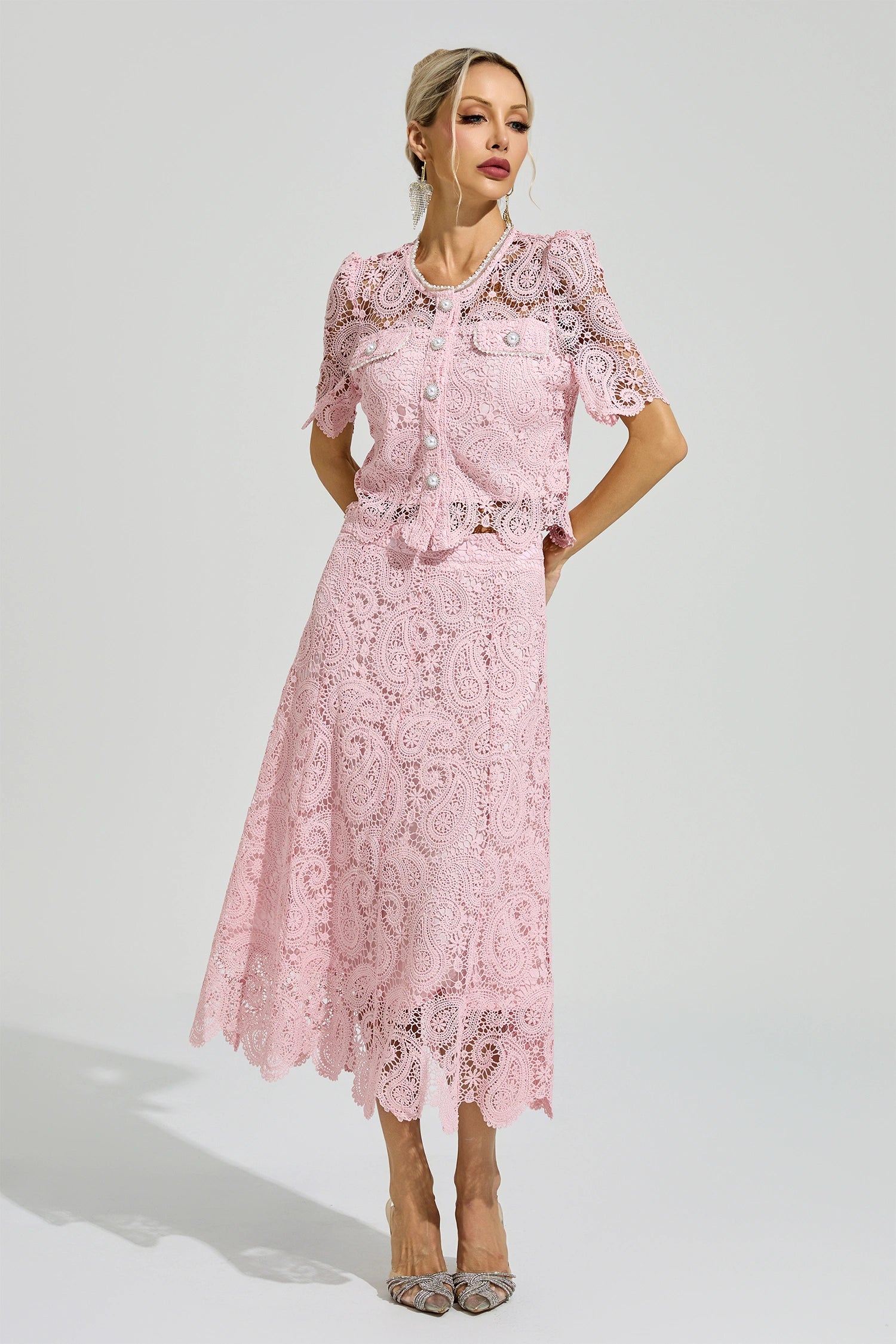 Morqen Pink Lace Two Piece Set