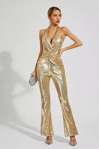 Gaspard Sequins Halter Jumpsuit In Gold
