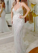 Aelorin Halter Pearl Detail Sequin Maxi Dress In White