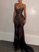Ekram Strapless Lace Bustier Maxi Dress In Black