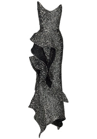 Janaki Strapless Sequin Ruffle Maxi Dress In Silver