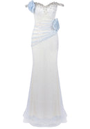 Daxara Crystal Floral Sequin Maxi Dress In Light Blue
