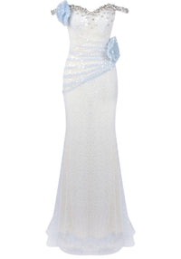 Daxara Crystal Floral Sequin Maxi Dress In Light Blue