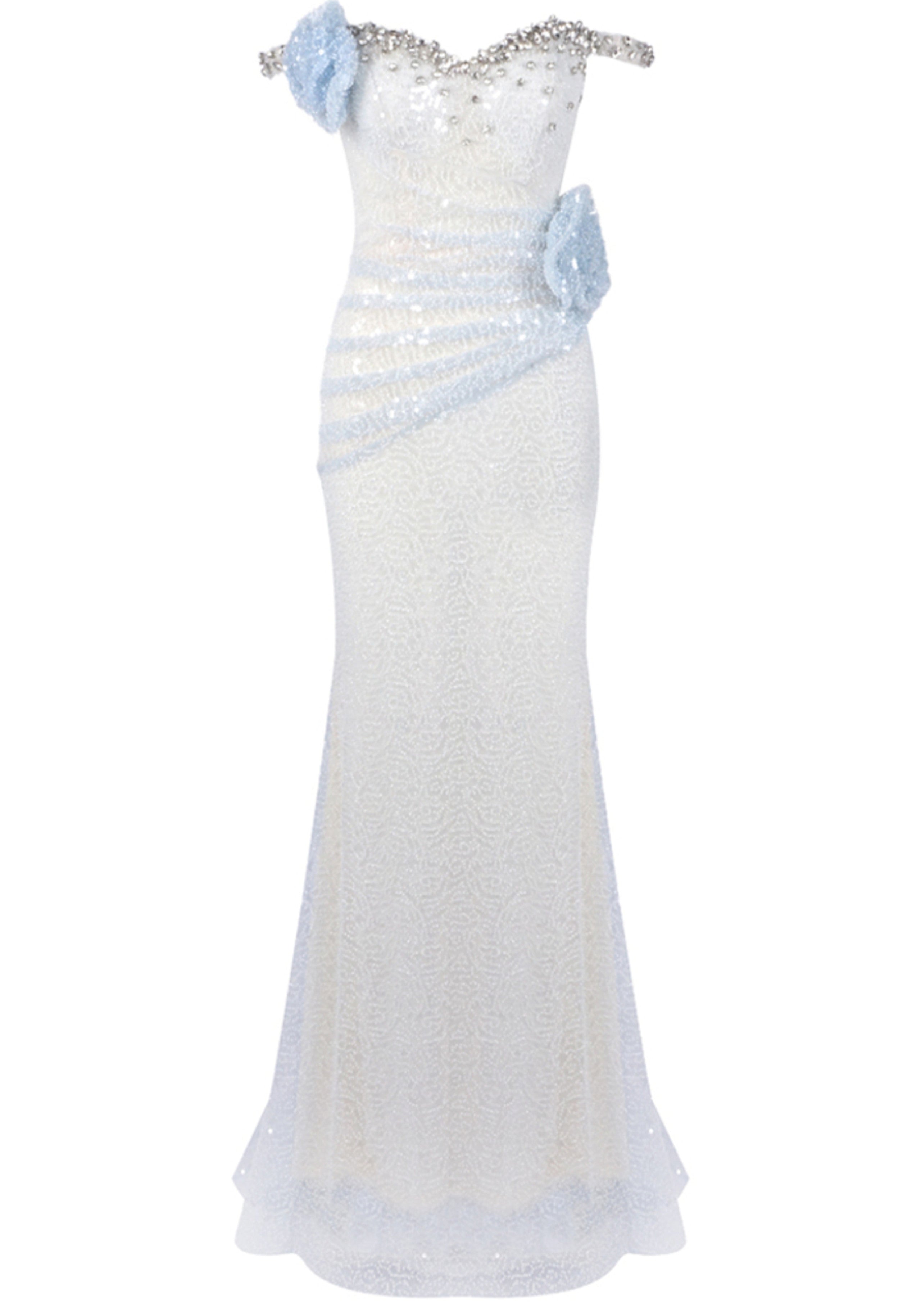 Daxara Crystal Floral Sequin Maxi Dress In Light Blue