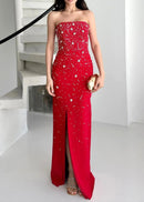 Razrik Strapless Crystal Embellished Maxi Dress In Red