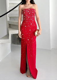 Razrik Strapless Crystal Embellished Maxi Dress In Red