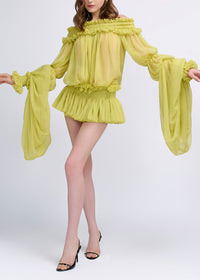Cemach Off Shoulder Ruched Dress Set In Chartreuse
