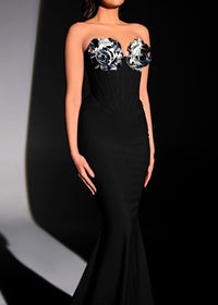 Silvior Strapless Floral Bustier Maxi Dress In Black Silver