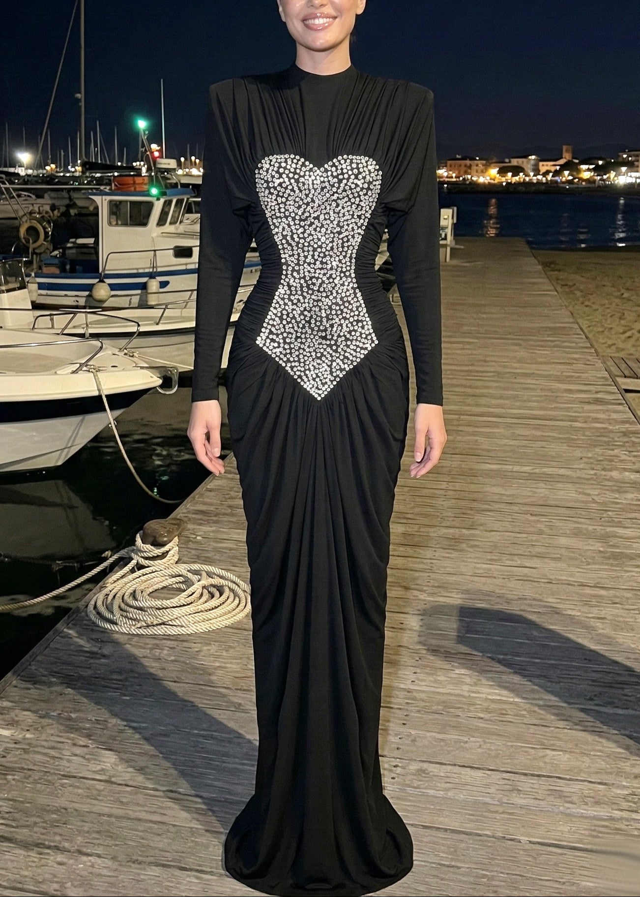 Jalynne Long Sleeve Crystal Front Draped Maxi Dress