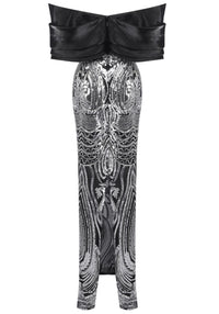 Kivin Draped Bardot Sequin Maxi Dress In Black