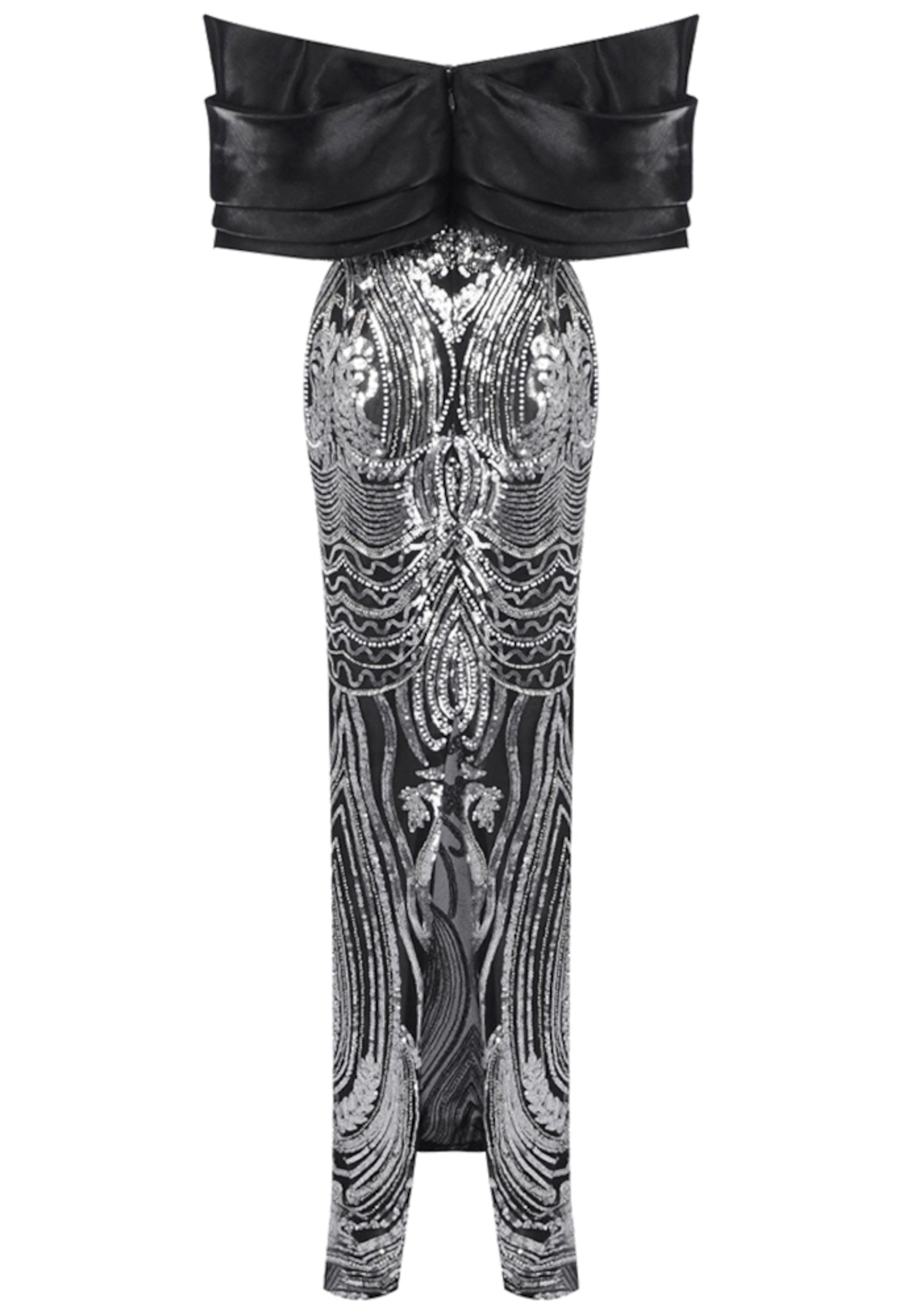 Kivin Draped Bardot Sequin Maxi Dress In Black