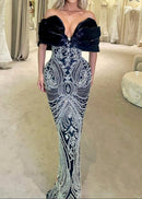 Kivin Draped Bardot Sequin Maxi Dress In Black