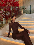 Ramesh Long Sleeve Mesh Insert Draped Maxi Dress In Brown