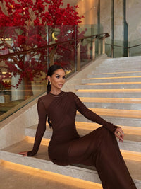 Ramesh Long Sleeve Mesh Insert Draped Maxi Dress In Brown