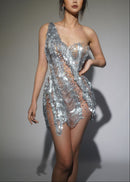 Fumidor One Shoulder Crystal Chain Fringe Mini Dress