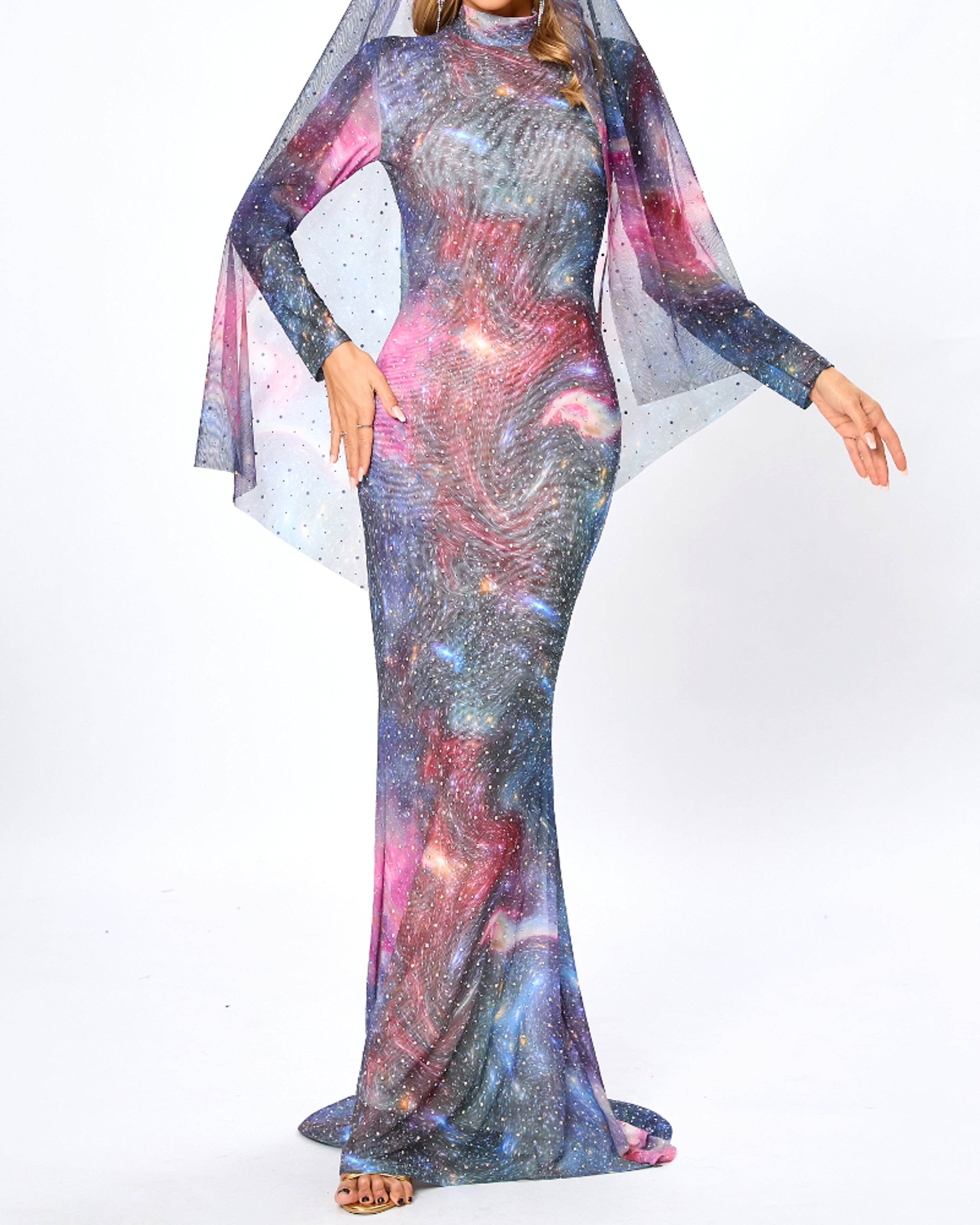 Lyn Long Sleeve Studded Maxi Dress In Galaxy