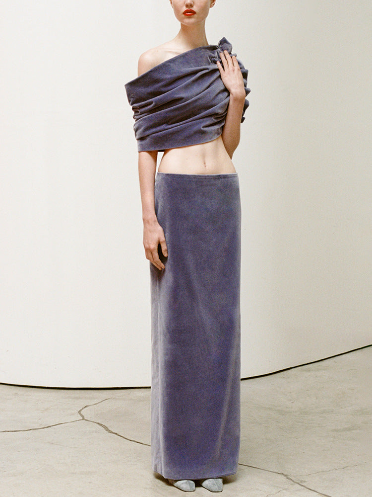 Navarra Draped Bardot Two Piece Maxi Velvet Dress In Purple