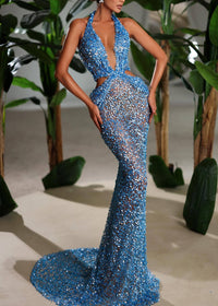 Iverynx Halterneck Rhinestone Cutout Maxi Dress