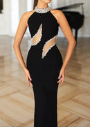 Zaryah Halter Crystal Mesh Maxi Dress In Black