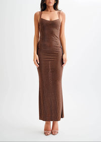 Aelithar Mesh Insert Sparkly Backless Maxi Dress In Brown