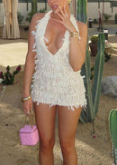 Subductix Plunge Neck Fringe Mini Dress