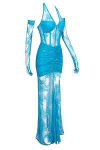 Valeria Lace Halterneck Maxi Dress In Blue