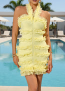 Aguirre Halter Lace Ruffle Mini Dress In Yellow