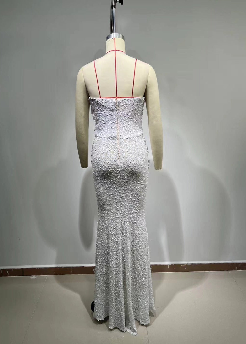 Catlin Strapless Pearl Deep V Neck See-through Mesh Maxi Dress