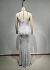 Catlin Strapless Pearl Deep V Neck See-through Mesh Maxi Dress