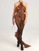 Gaelara Halter Floral Ruffle Ruched Dress In Brown