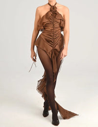 Gaelara Halter Floral Ruffle Ruched Dress In Brown