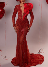 Fiorenza Long Sleeve Sequin Mesh Maxi Dress In Red