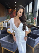 Syvrix V Neck 3D Floral Draped Maxi Dress In White