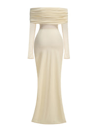 Geyeron Long Sleeve Draped Bardot Maxi Dress In Ivory