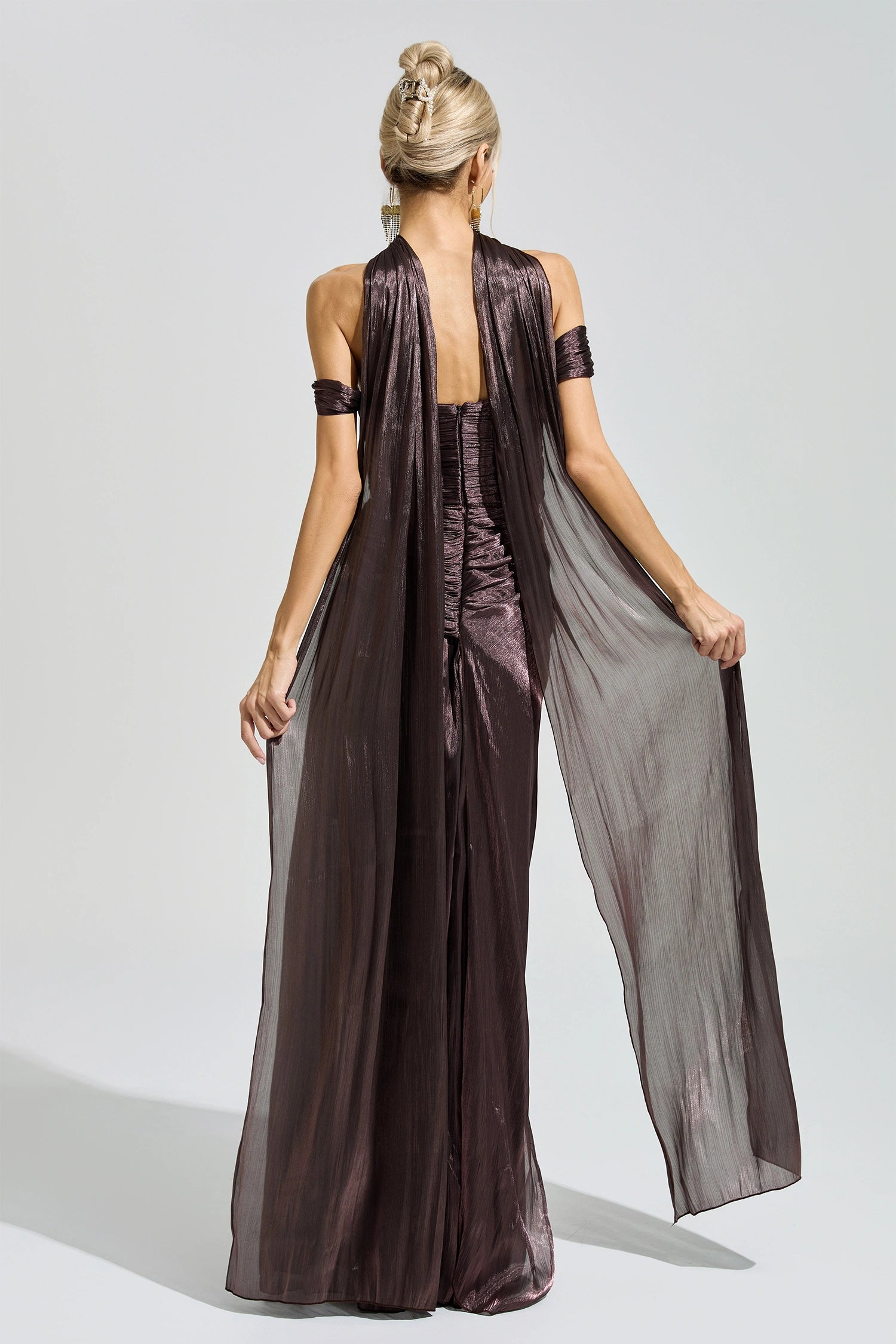 Yasken Brown Satin Neck Maxi Dress