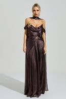 Yasken Brown Satin Neck Maxi Dress
