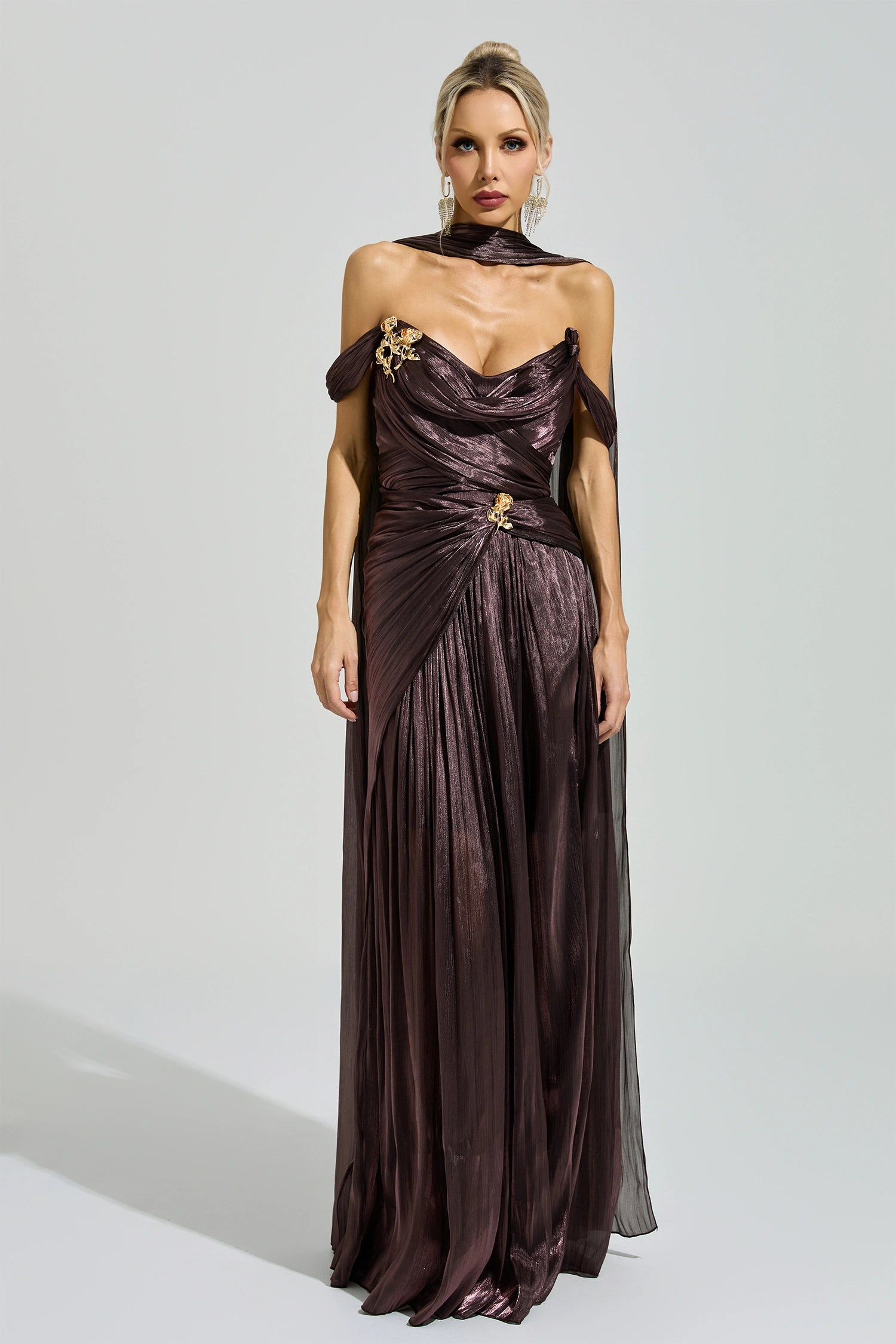 Yasken Brown Satin Neck Maxi Dress