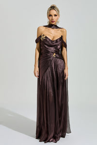 Yasken Brown Satin Neck Maxi Dress