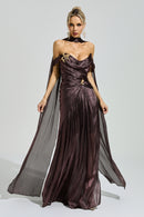 Yasken Brown Satin Neck Maxi Dress