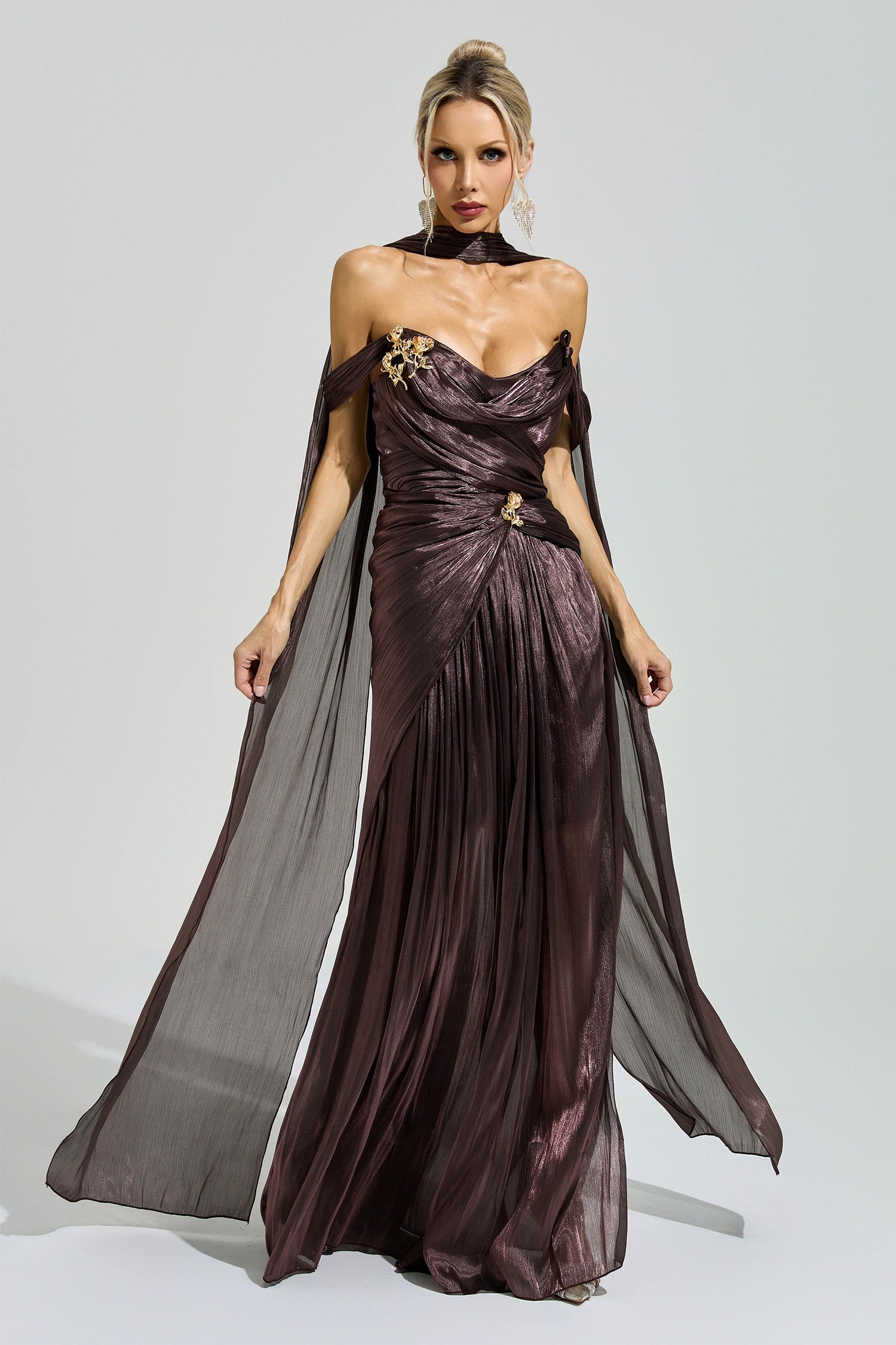 Yasken Brown Satin Neck Maxi Dress