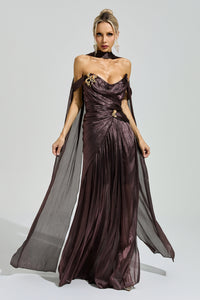 Yasken Brown Satin Neck Maxi Dress