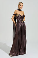 Yasken Brown Satin Neck Maxi Dress