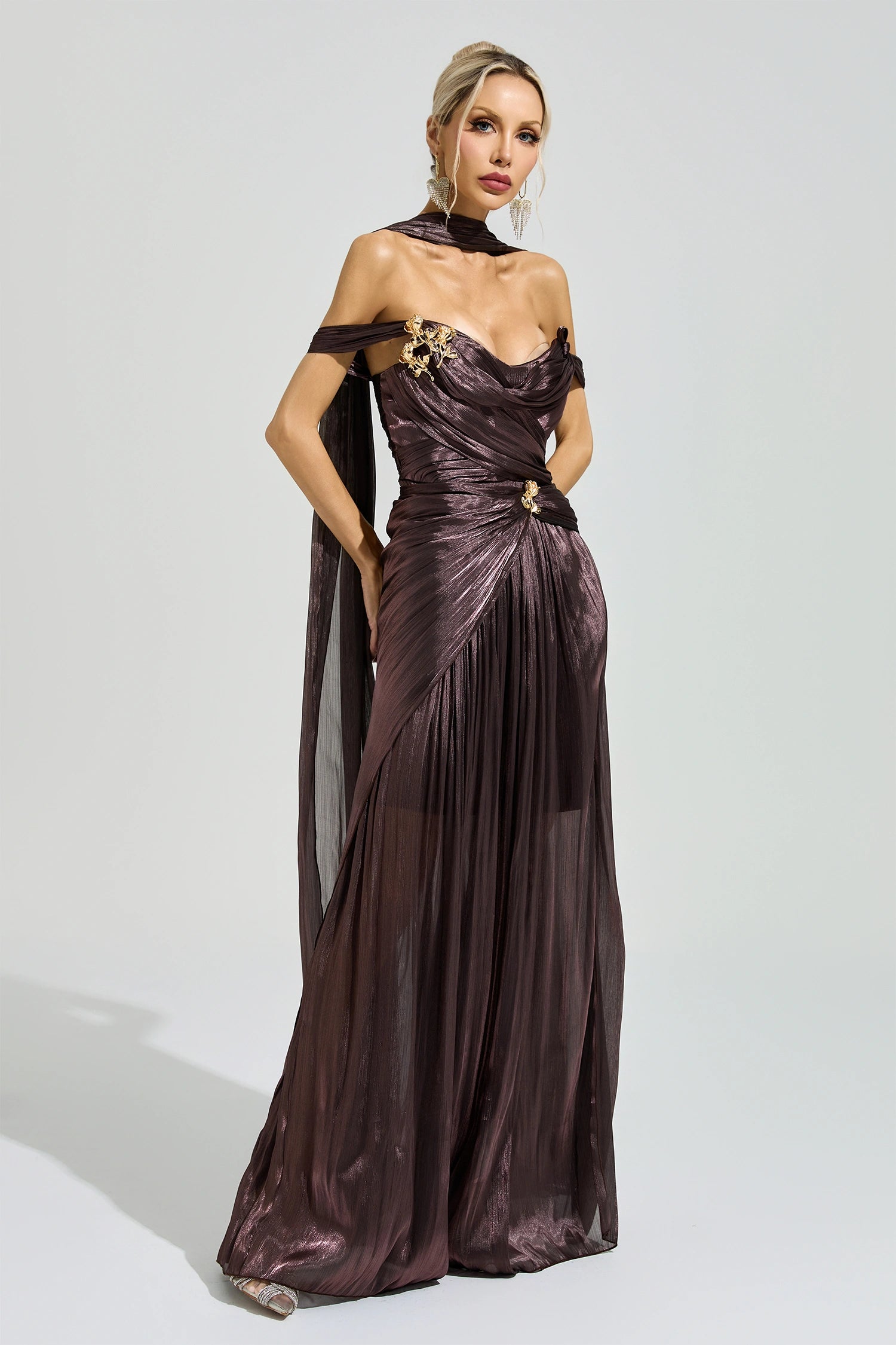 Yasken Brown Satin Neck Maxi Dress
