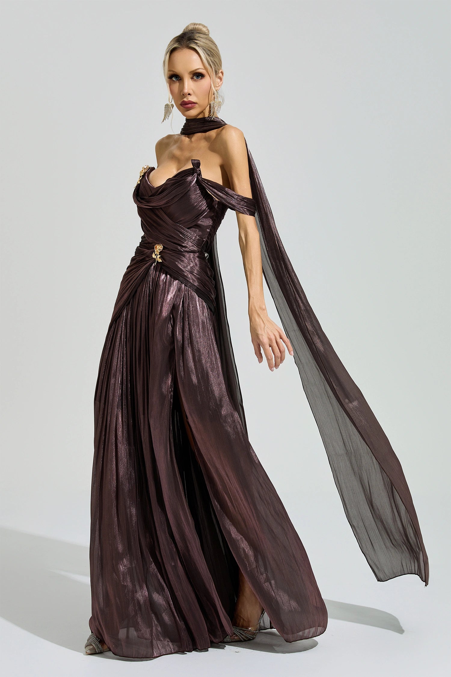 Yasken Brown Satin Neck Maxi Dress